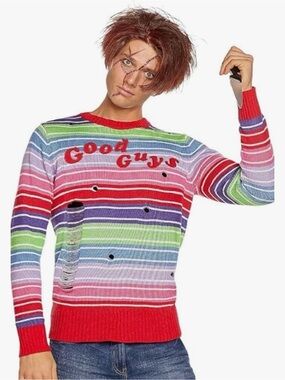 Hot topic Adult Chucky “good guys” crewneck striped Distressed sweater costume M